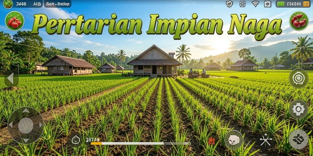 Screenshot dari gameplay <strong>3446</strong> dengan ladang subur dan hewan ternak.