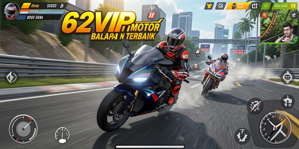 Screenshot gameplay 62VIP menampilkan balapan motor yang menegangkan.