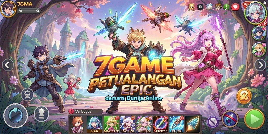 Tampilan gameplay menarik dari 7GAME dengan karakter anime ikonik.