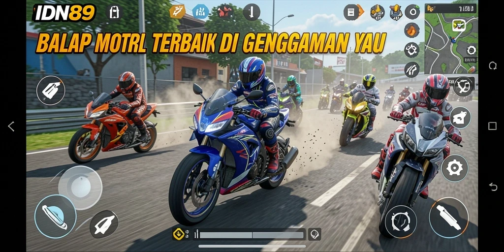 Screenshot IDN89 menampilkan aksi balap motor yang seru dan mendebarkan.