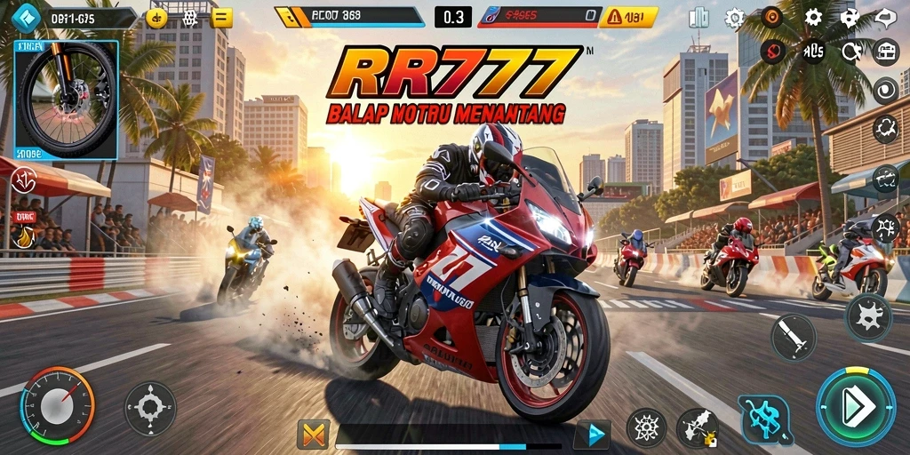 Screenshot gameplay RR777 menampilkan aksi balapan motor yang seru dan mendebarkan.