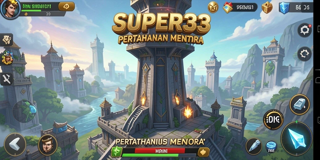Screenshot gameplay SUPER33 menampilkan adegan pertempuran Tower Defense yang intens.